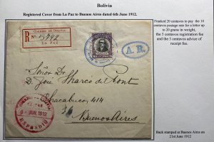 1912 La Paz Bolivia Registered Cover To Buenos Aires Argentina