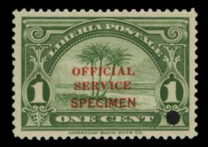 Liberia #O158S, 1928 1c Official, overprinted Specimen in red with security p...