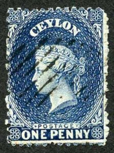 Ceylon SG63b 1d Deep Blue Wmk Crown CC Used 