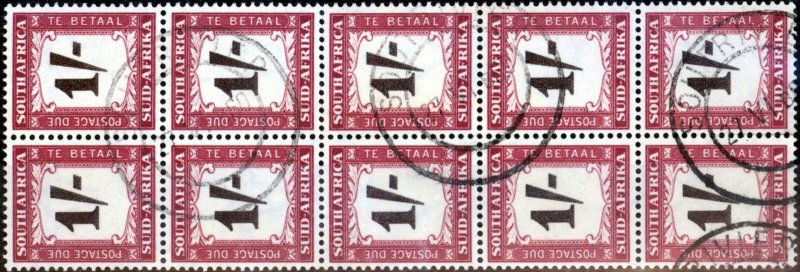 South Africa 1958 1s Black-Brown & Purple-Brown SGD44 Fine Used Block of 10 (1)
