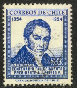 CHILE 1955-56 3p Manuel Rengifo Portrait Issue Sc 290 VFU