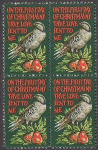 1971 Christmas Partridge Block Of 4 8c Postage Stamps, Sc# 1445, MNH, OG