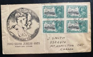 1935 Turks & Caicos First Day Cover FDC To Hamilton Canada Silver Jubilee Stamp