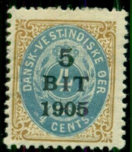 DANISH WEST INDIES #40a, 5BIT on 4¢, hinged, Inv Frame w/white dot bet T & I var