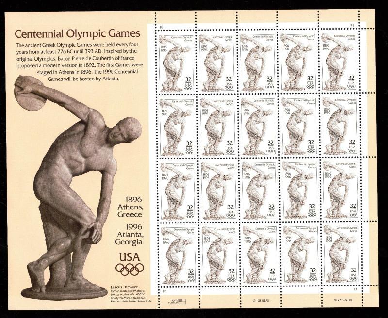 US 3087 Atlanta Centennial Olympic Games 32 cent Stamp Sheet MNH 