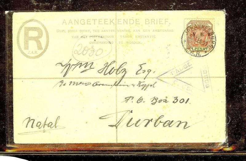 TRANSVAAL (P1110B) 1901 RLE 4D+AD CENSOR TO DURBAN