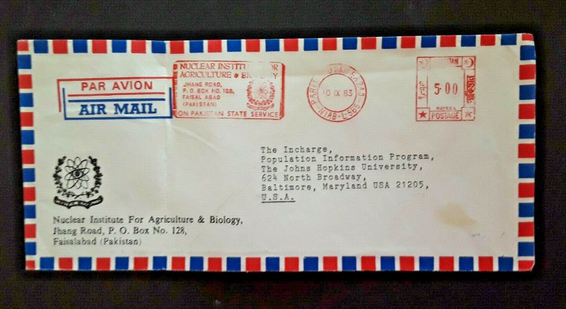 1983 Faisalabad Pakistan To Baltimore MD Johns Hopkins University Air Mail Cover