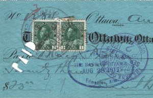 CANADA CHEQUE Bank of Ottawa 1915 KGV Stamps Pair 1c {samwells-covers} KA119