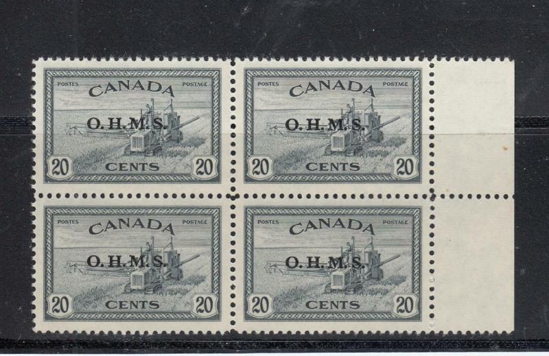 CANADA # O8 VF-MLH BLOCK OF 4 20cts COMBINE / OVERPRINT O.H.M.S. CAT VAL $146