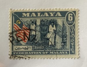 Malaya 1957 Scott 80 used - 6c, Flag, Rubber Tapping