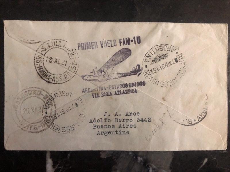 1931 Buenos Aires ARgentina First Flight Cover FFC To Maranhao Brazil FAM 10