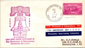 US EVENT COVER CACHETED 175th HOME COMING ANNIVERSARY INDEPENDENCE HALL 1951 F