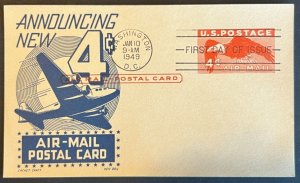 4¢ AIRMAIL POSTAL CARD #UXC1 JAN 10 1949 WASHINGTON DC BX6