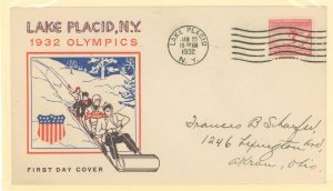 US 716 1932 2c Lake Placid, NY Winter Olmpics single on an tri-colored cachet FDC