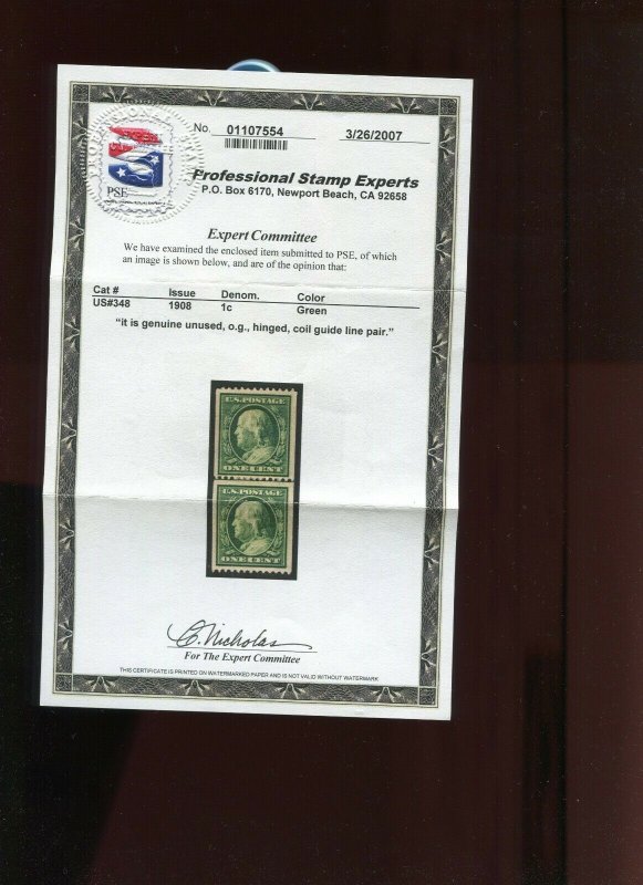 348 Mint Coil Line Pair of 2 Stamps  with PSE Cert (348 PSE LP A1)