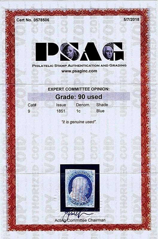 SC# 9 USED 1CENT FRANKLIN, 1852, RED GRID CANCEL, PSAG CERT GRADED XF 90