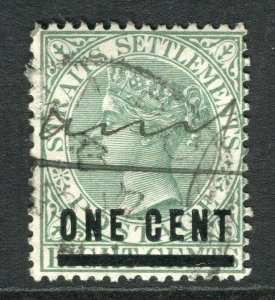 STRAITS SETTLEMENTS; 1892 classic QV surcharge ONE CENT used value, Postmark