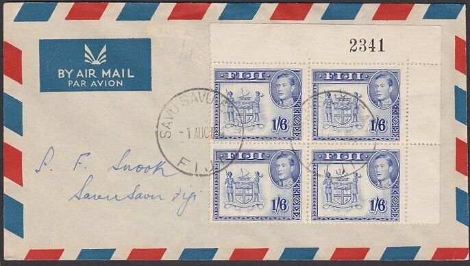 FIJI 1959 GVI 1/6d changed colour - block of 4 on FDC ex Savu Savu East.....F912