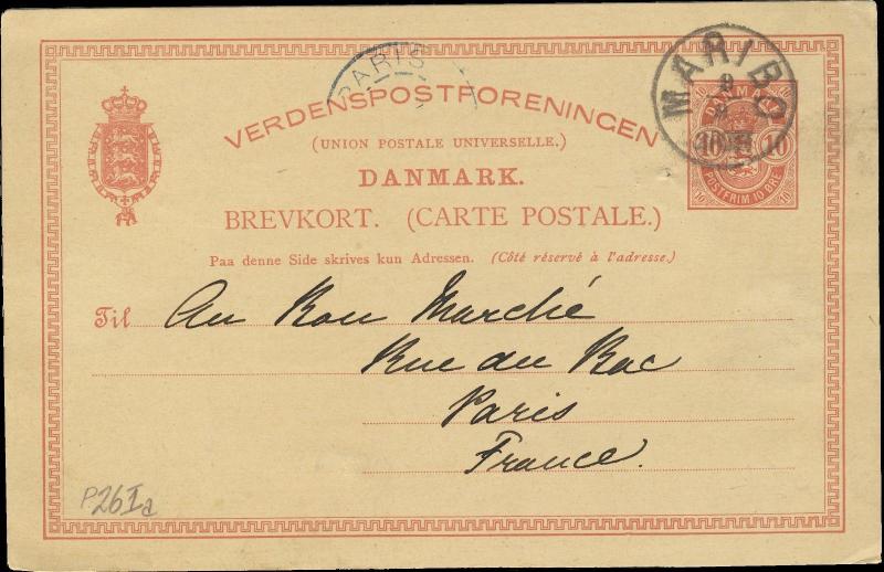 DENMARK - 10Øre Red Postal Stationery Card Mi.P26.Ia  - used MARIBO to Paris