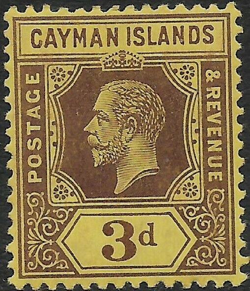 CAYMAN ISLANDS SG45b 1914 3d PURPLE ON LEMON MTD MINT