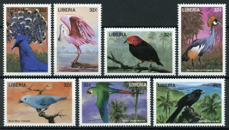 Liberia Birds on Stamps 1998 MNH Spoonbills Tanagers Macaws Parrots 7v Set