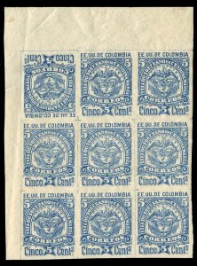 Colombia, Colombian States - Cundinamarca #11a, 1884 5c blue, block of nine, ...