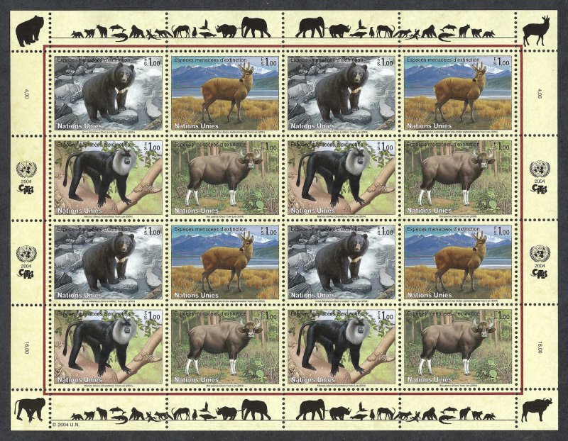 UN Geneva #418-421 1fr Endangered Species (2004). Full mini-sheet. MNH