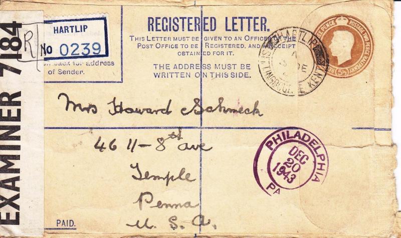 Hartlip, England to Temple, AZ, 1943, Registered Letter Envelope (C1313)