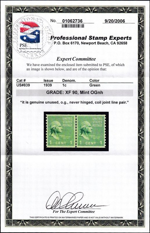 US #839 Mint OGnh, Pair,  Cert & Graded XF (90)