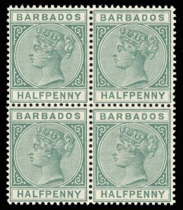 Barbados 1882 QV ½d dull green block of four superb MNH. SG 89.