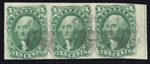 MOMEN: US STAMPS #15 STRIP IMPERF POS. 28-30 GUIDE LINE MARGIN USED LOT #79483*