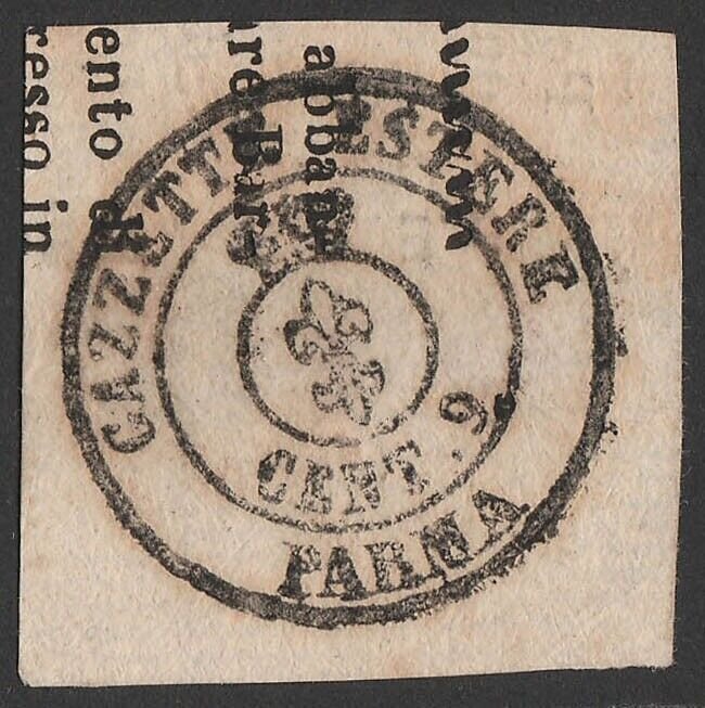 ITALY - PARMA 1853 Newspaper Tax Arms 9c inscribed Parma. Very rare.