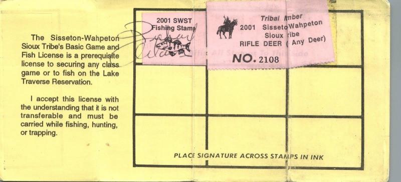 2001 USA Stamp #LTD83 #LT94 Tribal Member SWST Game & Fish Hunting License