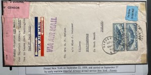 1939 Garden City NY USA Censored Trans Atlantic Airmail Cover to Ireland CABOT