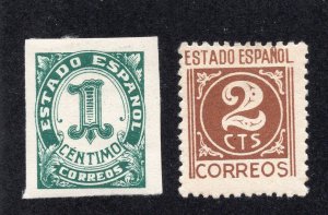 Spain 1938 1c green & 1948 2c bister brown Numeral, Scott 662, 663a MH