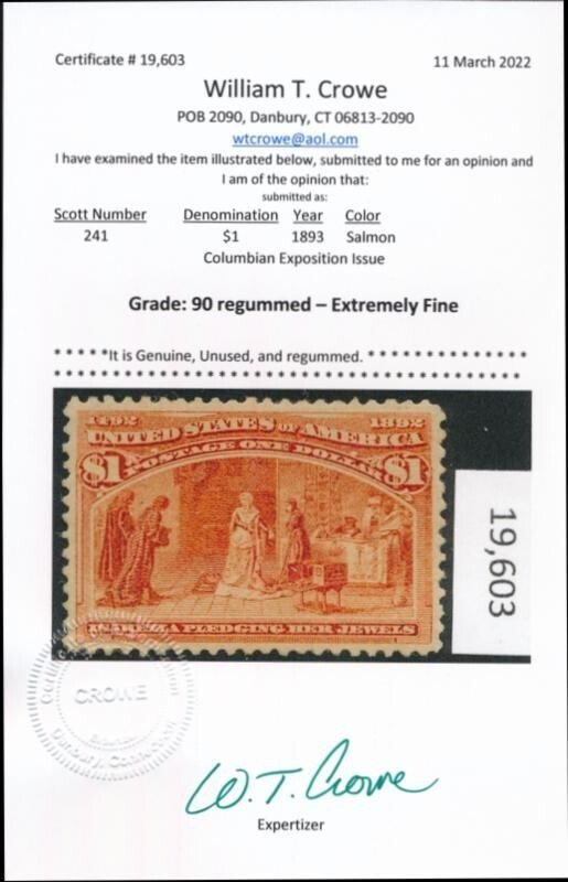 (US) 241 UNUSED VF REGUM/NO GUM $1 COLUMBIAN CERTIFICATE