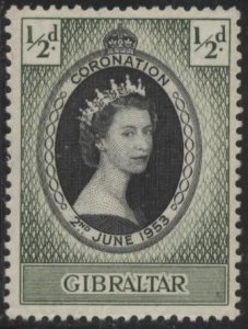 Gibraltar 131 (mh) ½p Coronation issue, ol gr & black (1953)