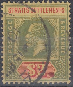 1914 MALAYA STRAITS SETTLEMENT KGV $2 GREEN & RED/YELLOW (SG# 211) USED VF