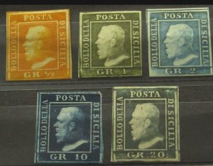 1859 Italian Sicily Lot of 5 Stamps 1/2, 1, 2, 10 & 20gr M/OG SC#10g,12g,13g,16,