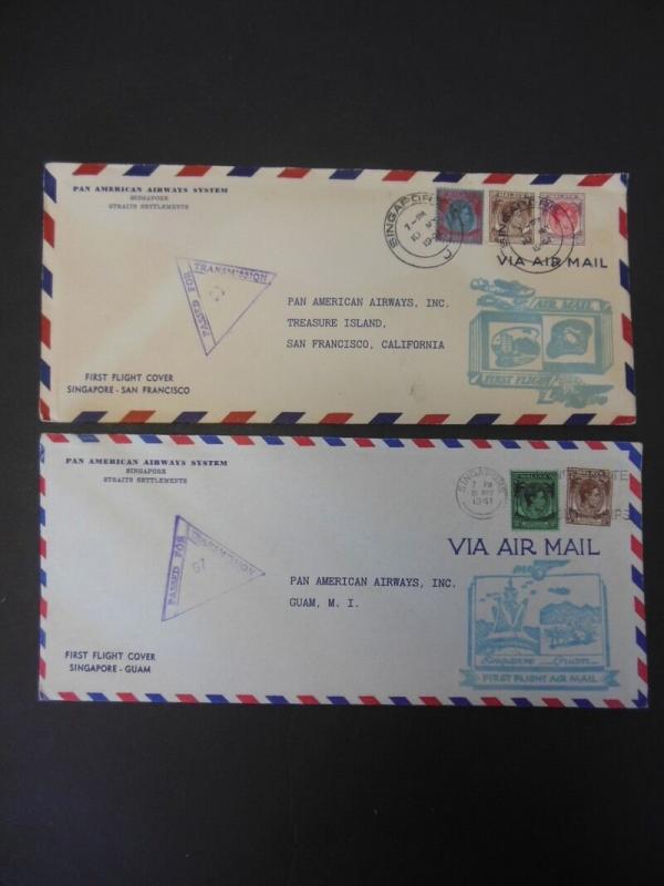 SINGAPORE : 2 Pan Am First Flight covers. Both are Very Fine.