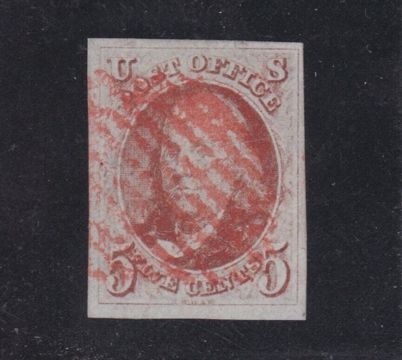 US 1 5c Franklin Used XF w/ 4 Large Margins & Red Grid Cancel SCV $350