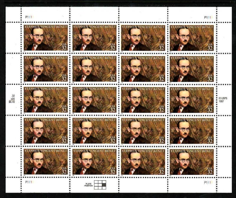 USA-Sc#3221- id12-unused NH sheet-Literary Arts-Stephen Vincent Benet-1998-