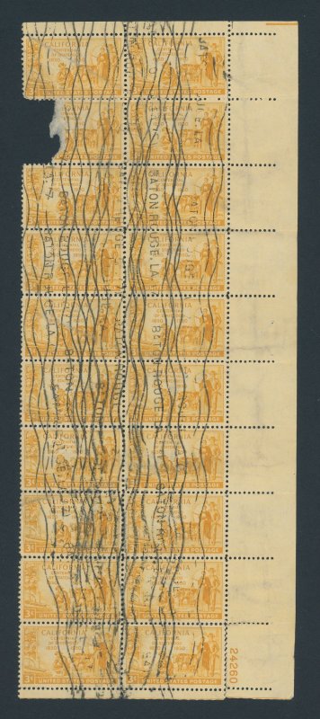 US 997 3 cent California Statehood Issue; Used; Partial sheet; Wavy cancel