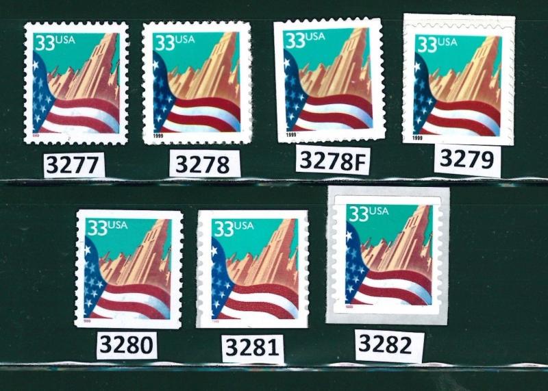 US Scott # 3277, 3278, 3278f, 3279 through 3282 / Flag Over City Set of 7