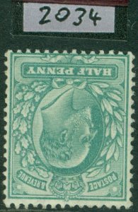 SG 215wi 1902-10. ½d dull blue-green variety inverted watermark. Fine...