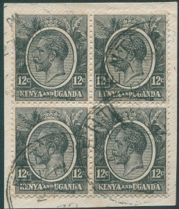 Kenya & Uganda 1922 12c grey-black SG81a used block on piece