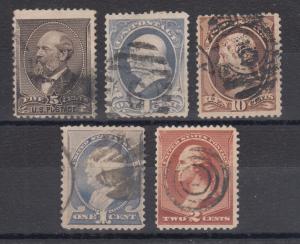 US Sc 205,206,209,210,219 used 1882-1890 issues, 5 different sound singles, F-VF