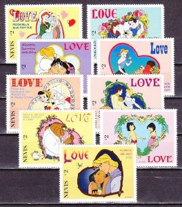 Nevis, Scott cat. 975 a-i. Disney`s Sweethearts Cartoon issue.