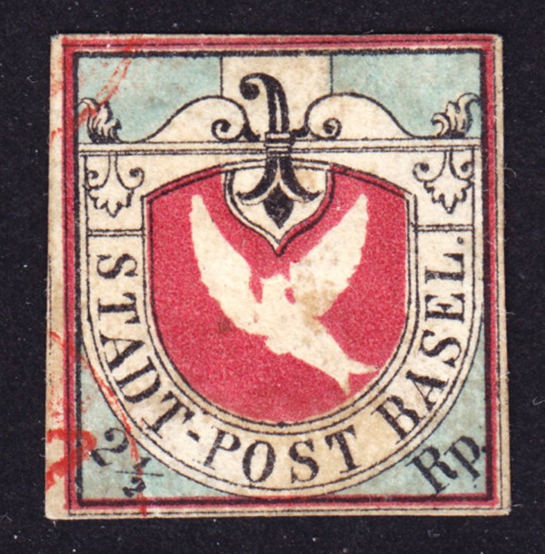 Switzerland excessively well done counterfeit Scott 3L1 Dove of Basel VF used.