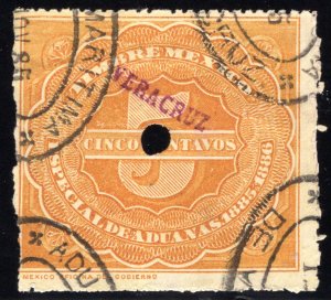 AD 2, MEXICO, 1885-1886, Customs, Aduanas, 5c, VERACRUZ, punch-cancelled, used